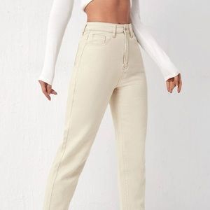 Beige Slant Pocket Raw Cut Jeans.